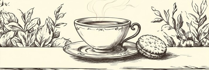 A steaming cup of tea beside a biscuit, surrounded by decorative leaves.