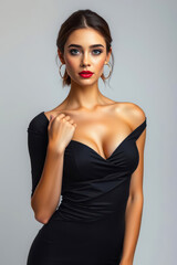 Fototapeta premium Attractive young lady with a flawless slim body dressed in stylish clothing combining luxury and charm in a captivating studio shot highlighting modern beauty and femininity
