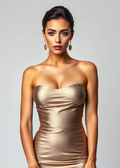 Fototapeta premium Caucasian model with a radiant face and slim figure in a luxurious tight dress showcasing her confidence and unique style in a high-end studio photography setting