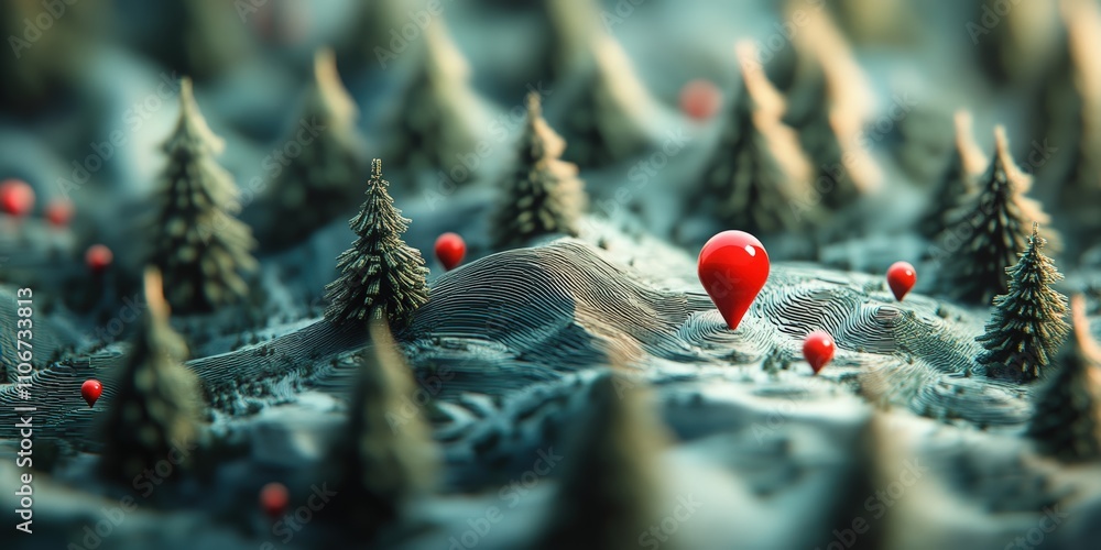 Poster red location markers on a stylized green forest landscape with mountains and trees, representing nav