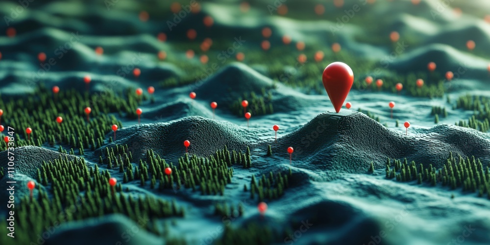 Poster 3d representation of a topographic landscape with waypoints marked by red pins showcasing navigation