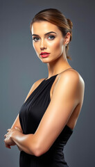 Fototapeta premium Beautiful young model in a tight black dress and high heels posing gracefully in a studio setting highlighting her slim body and the sophistication of modern high fashion