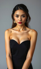 Fototapeta premium Charming young lady in a stunning latex dress striking a pose with confidence in a professional studio setting highlighting the allure of feminine beauty and elegance