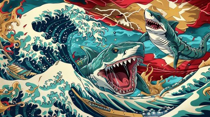 Great Wave off Kanagawa Remix: Sharks in a Turbulent Sea, A Modern Ukiyo-e Masterpiece