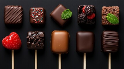 Assorted chocolate squares and truffles on sticks, arranged on black background.  Delicious dessert treats.