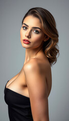 Naklejka premium Elegant female model in a stunning emerald dress exuding confidence and charm in a luxurious studio setting showcasing the timeless beauty of modern high-end style