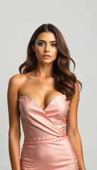 Fototapeta premium Sophisticated woman with sleek hair and radiant makeup posing in a stylish tight dress showcasing her slim silhouette and the refinement of high-end glamour and beauty
