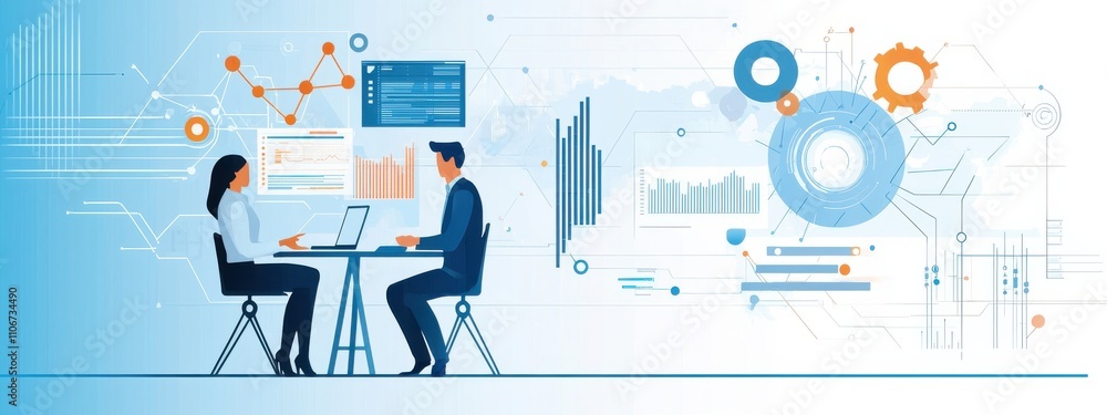 Poster a man is sitting at a desk with a computer monitor and a keyboard