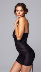 Fototapeta premium Elegant woman with flawless features and sleek hair posing gracefully in a fashionable outfit celebrating the sophistication and allure of high-end modern style