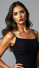 Fototapeta premium Beautiful Asian woman with radiant features and sleek hair posing confidently in a glamorous dress celebrating the refinement and sophistication of modern high-fashion beauty