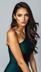 Naklejka premium Stylish young lady in a stunning emerald dress exuding charm and grace in a luxurious studio portrait showcasing the timeless allure of contemporary high-end fashion