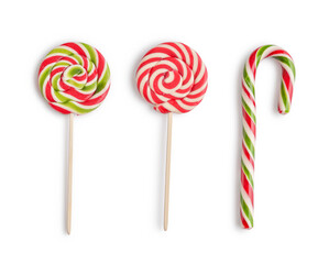 Red, green and white striped candy cane and lollipops