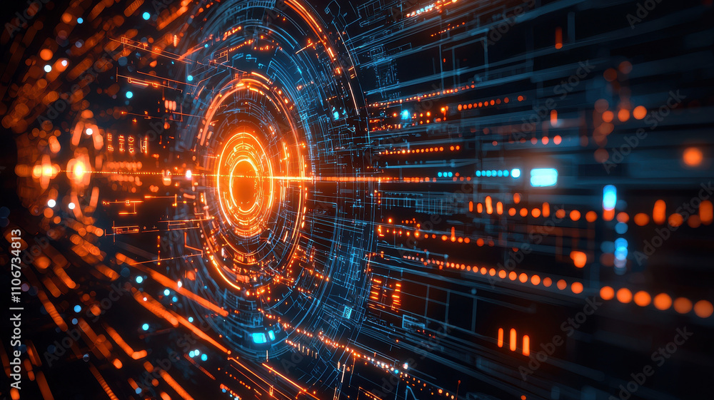 Poster futuristic technology concept with glowing lines and circular patterns, showcasing advanced digital 