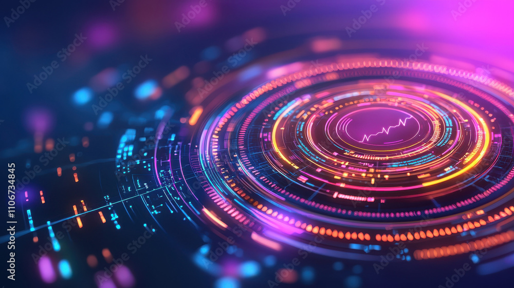 Poster abstract digital health technology concept with vibrant circular patterns, showcasing data visualiza