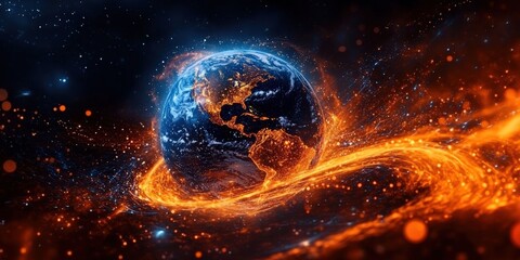 Obraz premium Stunning view of Earth surrounded by fiery cosmic energy in a swirling galaxy, showcasing vibrant colors and an enchanting universe filled with stars
