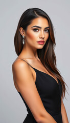 Fototapeta premium Gorgeous lady with radiant makeup and flowing hair posing gracefully in a stylish latex dress celebrating the harmony of beauty and sophistication in high-fashion glamour