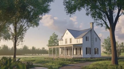 Serene Farmhouse Surrounded by Lush Fields