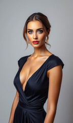 Fototapeta premium Beautiful young model in a stylish tight dress with sleek high heels posing confidently in a studio setting emphasizing the allure of feminine beauty and modern elegance