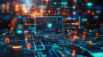 Fototapeta premium Futuristic healthcare concept with holographic displays and data visualization, showcasing heart monitoring and advanced technology in digital environment