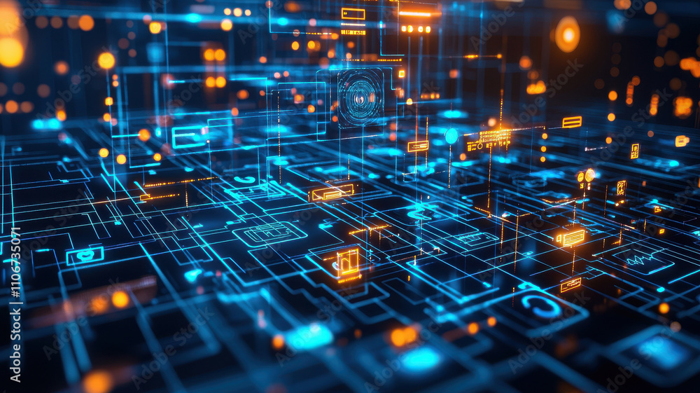 Poster futuristic digital technology visualization with glowing circuits and data