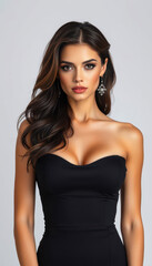 Fototapeta premium Elegant female model in a sleek tight outfit and high heels exuding charm and sophistication in a professional studio setting emphasizing the allure of contemporary fashion