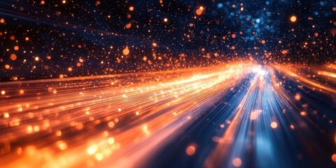 Abstract digital art depicting vibrant trails of light in motion with dynamic bright particles and glowing orbs on a dark background