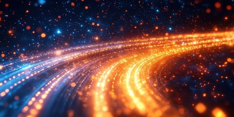 Obraz premium Glowing Light Trails in Motion Against a Dark Background, Abstract Digital Art with Bright Particles and Sparkling Bokeh Effects for Modern Designs