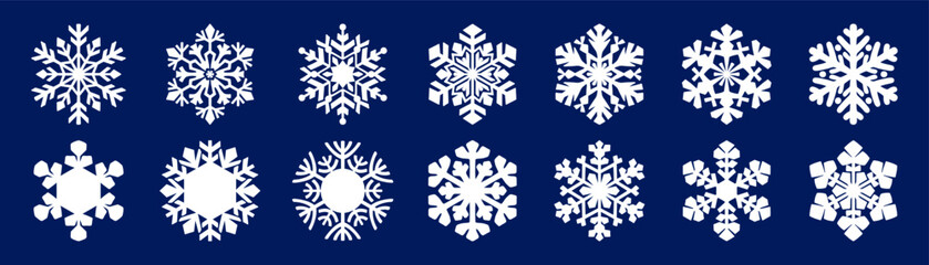 White openwork snowflake icons isolated on white background. Winter and Christmas holiday symbol. Decorative vector element for winter and Christmas design