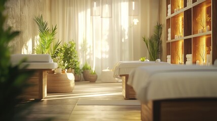 Spa salon with massage tables, soothing decor, and soft lighting for a relaxing experience