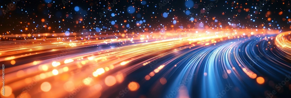 Poster colorful light trails in dark space with vibrant particles, abstract background for design, bright g