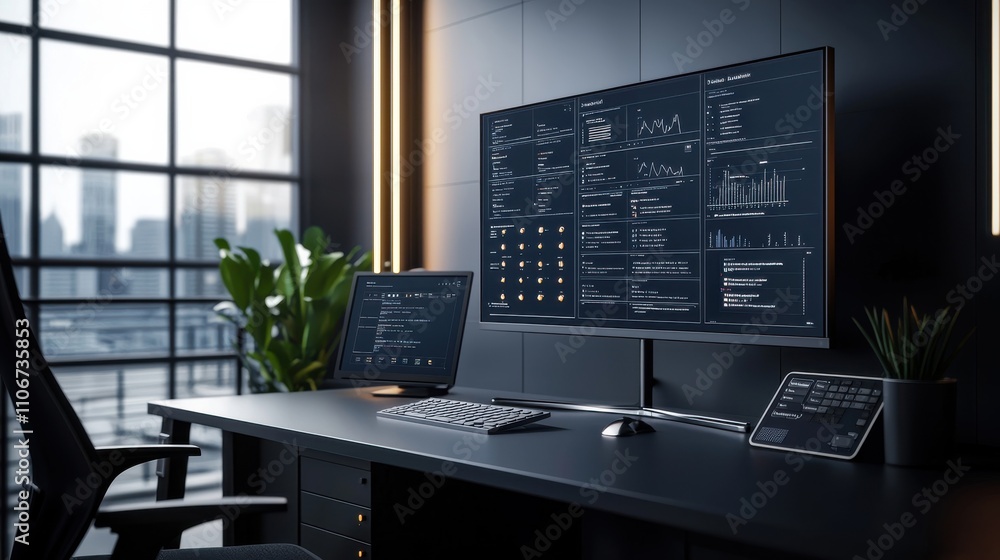 Poster a computer monitor and keyboard are on a desk in front of a window