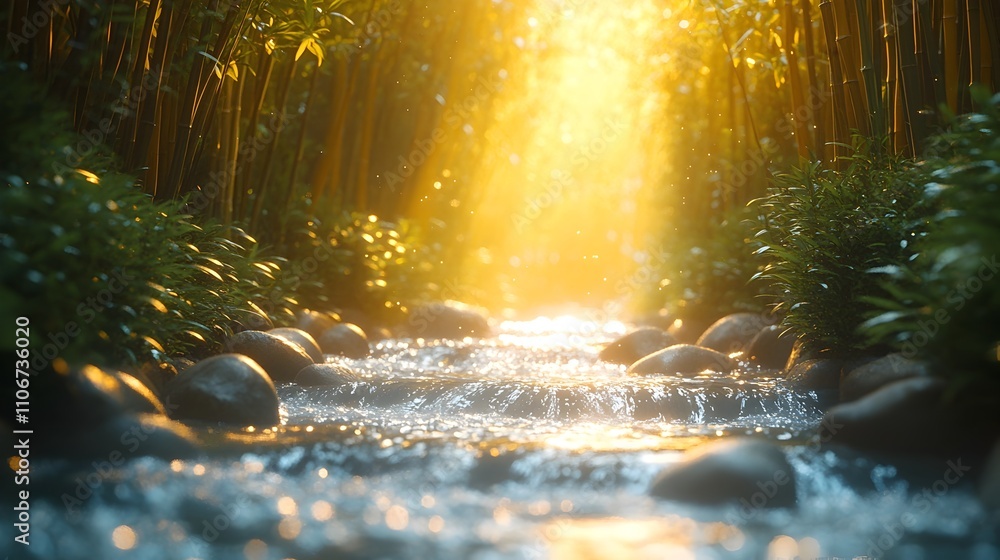 Poster mesmerizing photograph of a small winding stream flowing through a tranquil bamboo forest with dappl