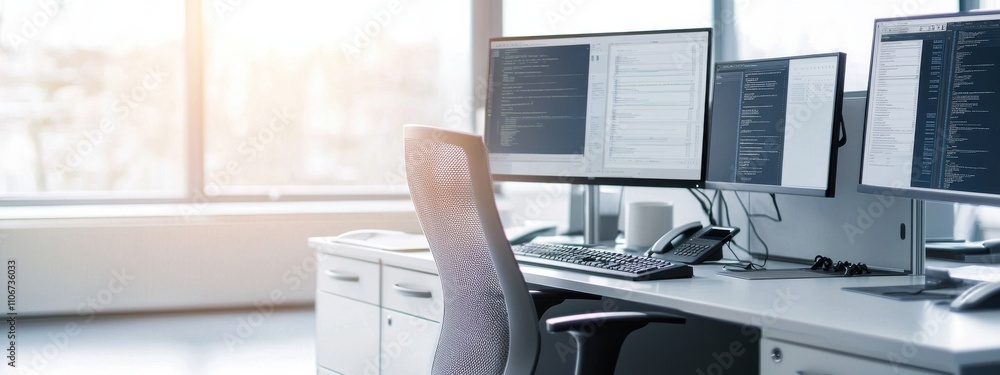 Poster a computer monitor with two screens is on a desk
