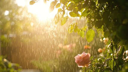Summer rain: A light summer rain shower falling over a sunny garden, with warm sunlight peeking through