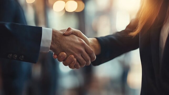 Talent acquisition process with a recruiter shaking hands with a potential candidate in a professional setting