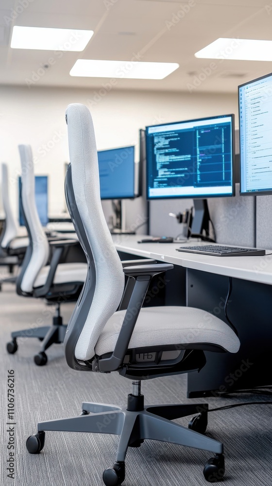 Poster a computer workstation with two chairs and four computer monitors