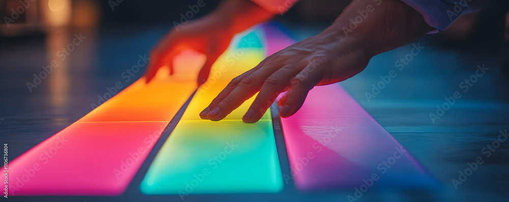 Poster hands interacting with a colorful, illuminated, interactive surface