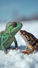 Fototapeta premium Chameleon and Boa Constrictor Enjoying a Ski Outing in the Winter Landscape. Generative AI
