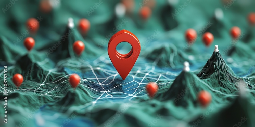 Poster red location pin on a detailed map with stylized mountains and water, symbolizing navigation and exp