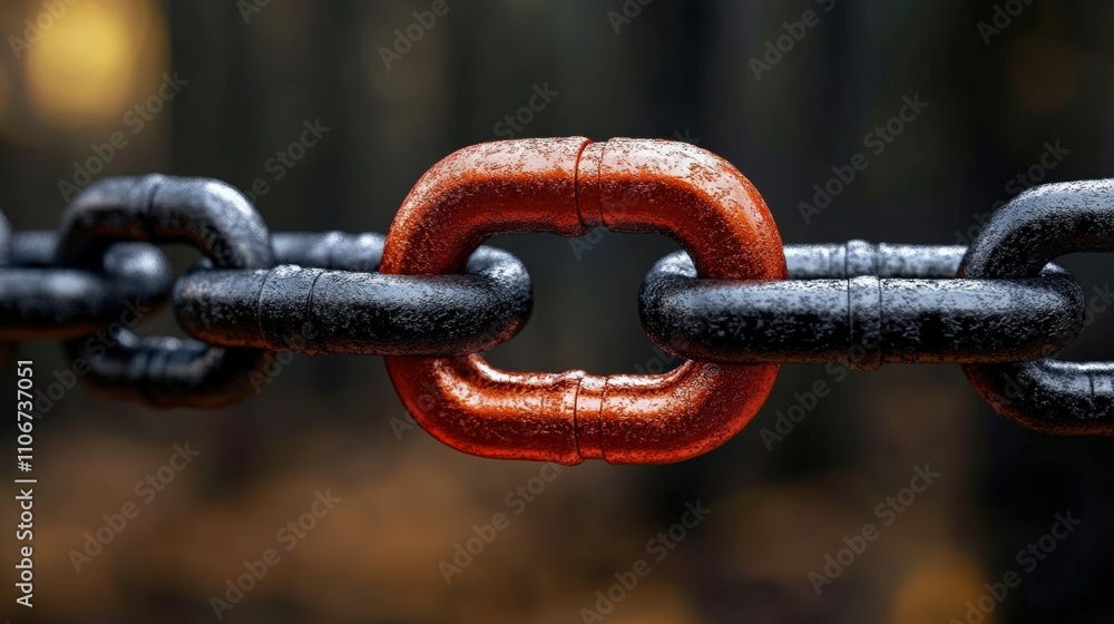 Poster close-up of a unique metal chain link in dark forest background showcasing a contrast of bright red 
