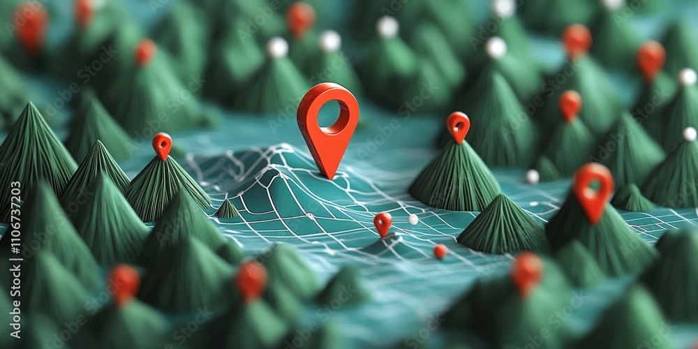Poster three-dimensional representation of mountains and trees with location markers, creating a vibrant an