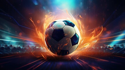 Fototapeta premium Dynamic Soccer Ball Ignite Action Stadium Digital Art Energetic Perspective Sport Concept