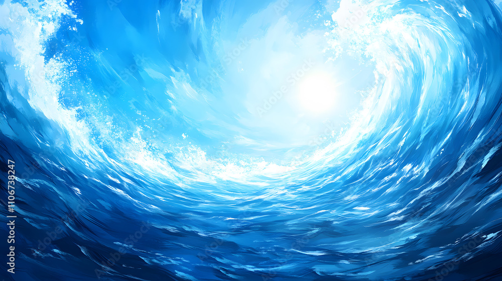 Poster A vibrant blue ocean wave with sunlight shining through, creating a serene and dynamic atmosphere