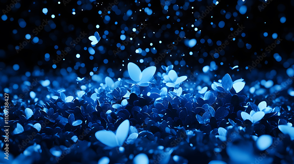 Poster a mesmerizing scene of blue butterflies amidst sparkling elements, creating a magical and ethereal a