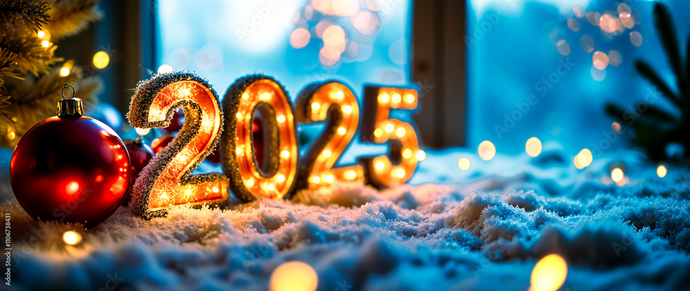 Poster luminous 2025 number display on snowy surface
