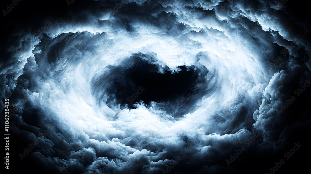 Poster a swirling vortex of dark clouds illuminated by a ghostly light, creating a dramatic and mysterious 