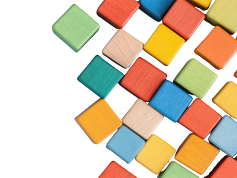 Colorful wooden blocks arranged in a playful pattern on a white background, transparent background PNG