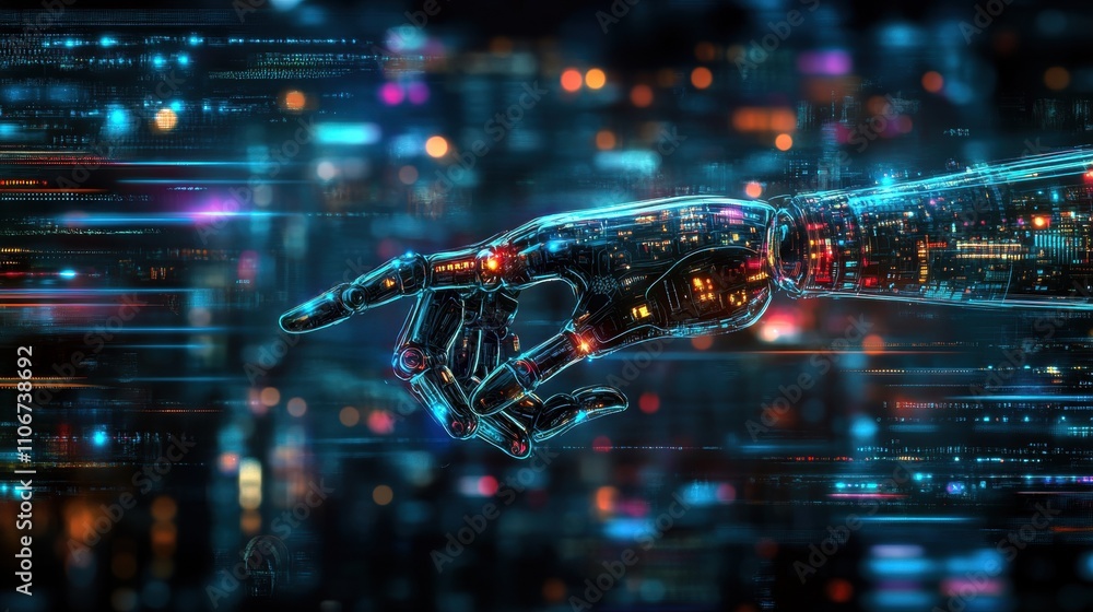 Poster exploring future technology robotic hand interaction in digital space urban environment futuristic v
