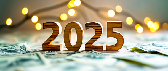 wooden 2025 on a bed paper money