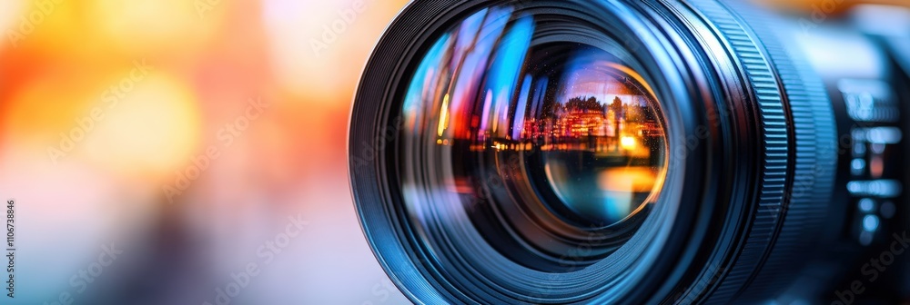 Poster close-up view of a camera lens capturing beautiful urban skyline reflections in high definition duri